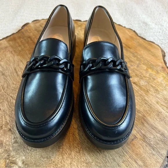 Marc Fisher Black Leather Loafers Lug with Chain Detail Slip On Festival - Picture 4 of 15